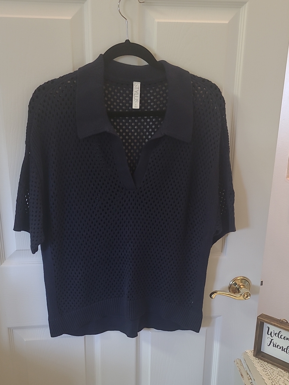 STYLUS Navy Open-Weave Polo Sweater Top Bin 7